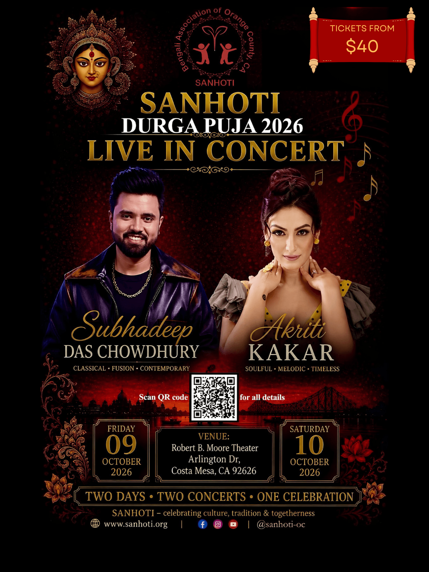 Sanhoti Durga Puja 2026 Durgotsav at Orange Coast College, Costa Mesa, Orange County, California — 9 to 11 October