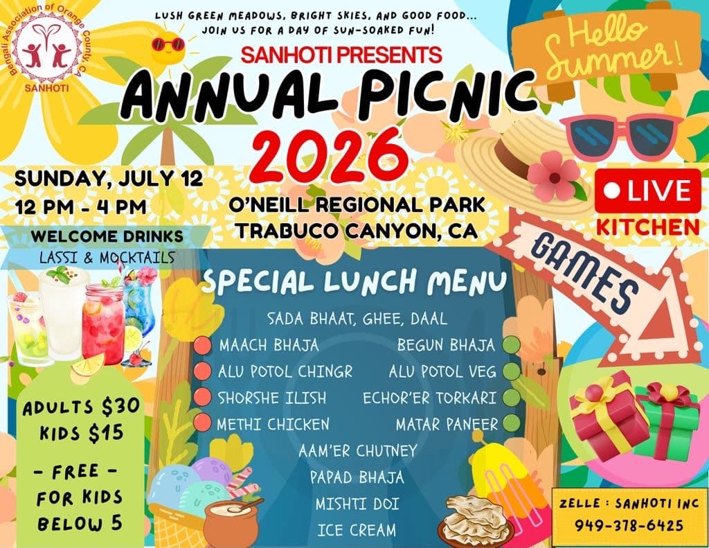 Sanhoti Annual Picnic 2026 with Bengali families, live kitchen and games at O'Neill Regional Park, Trabuco Canyon, Orange County, California