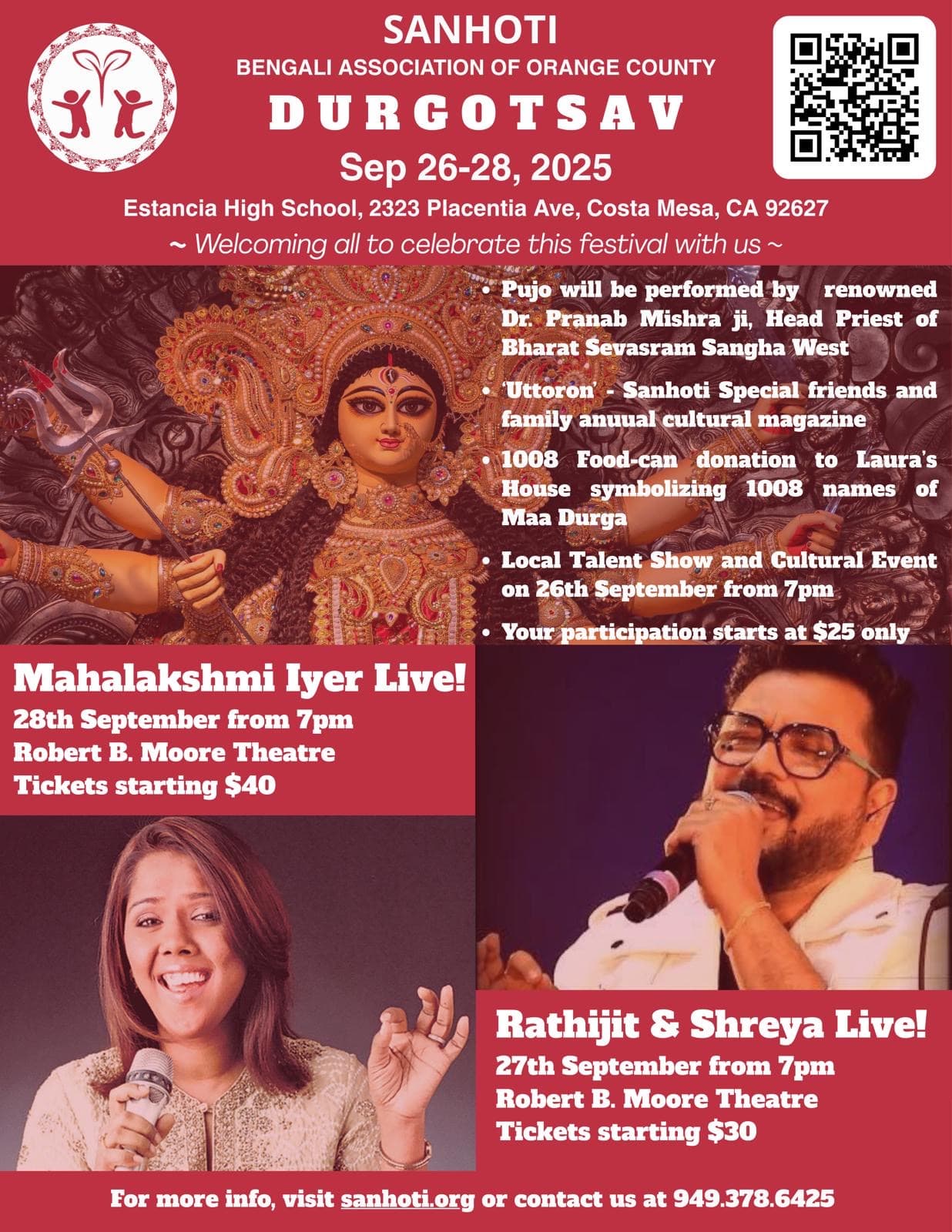 Sanhoti Durga Puja 2025 Durgotsav celebration at Estancia High School, Costa Mesa, Orange County, California