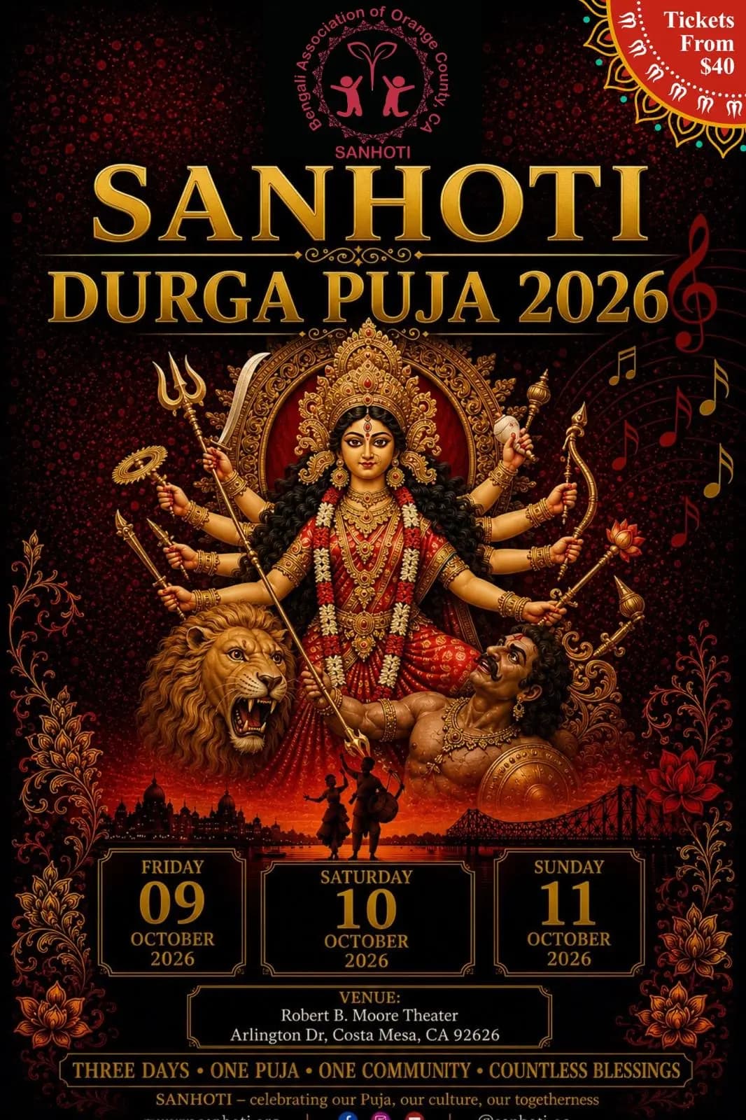 Sanhoti Durga Puja 2026 Durgotsav at Orange Coast College, Costa Mesa, Orange County, California — 9 to 11 October