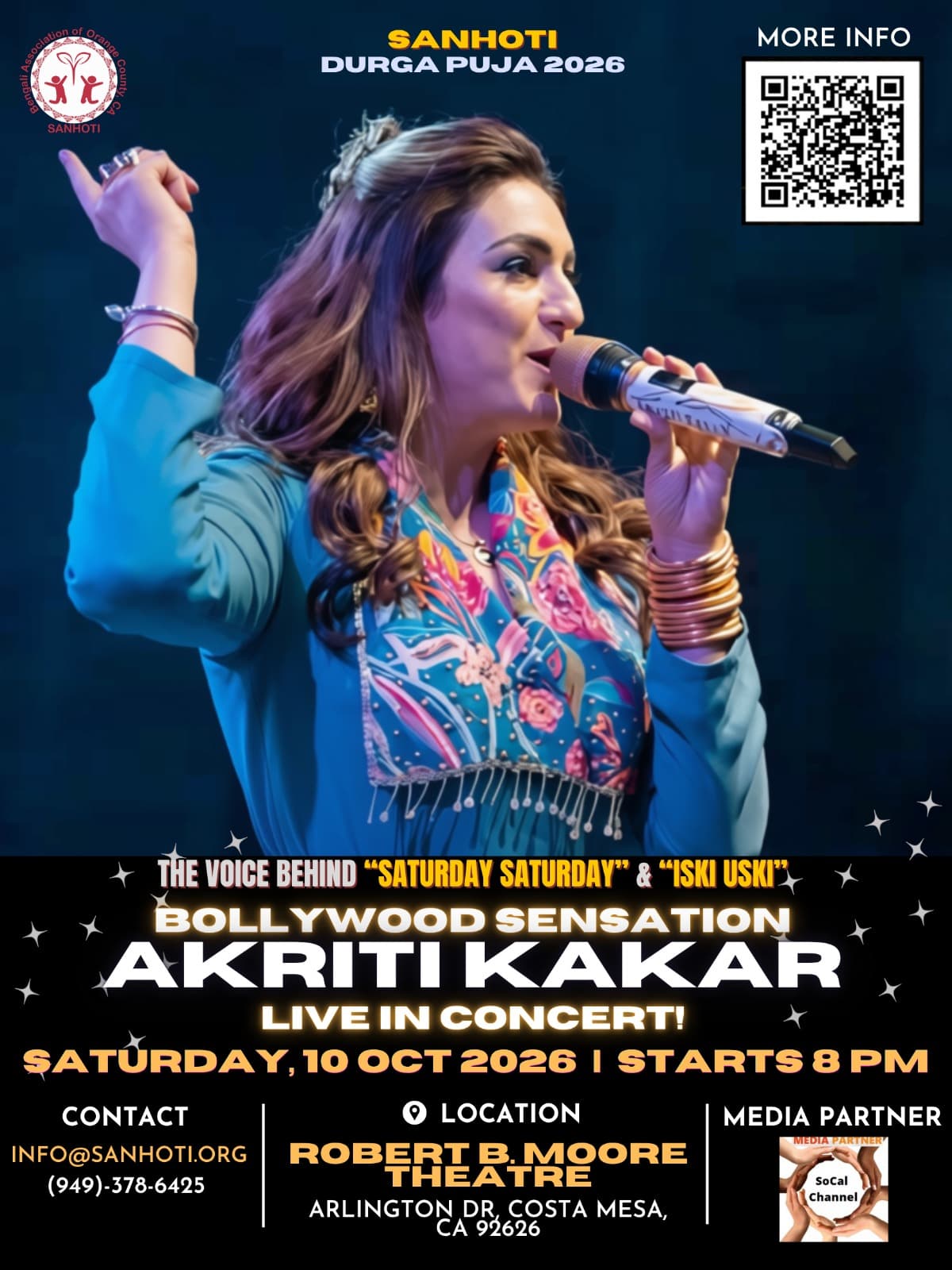 Bollywood playback singer Akriti Kakar performing live at Sanhoti Durga Puja 2026, Robert B. Moore Theater, Costa Mesa, Orange County, California