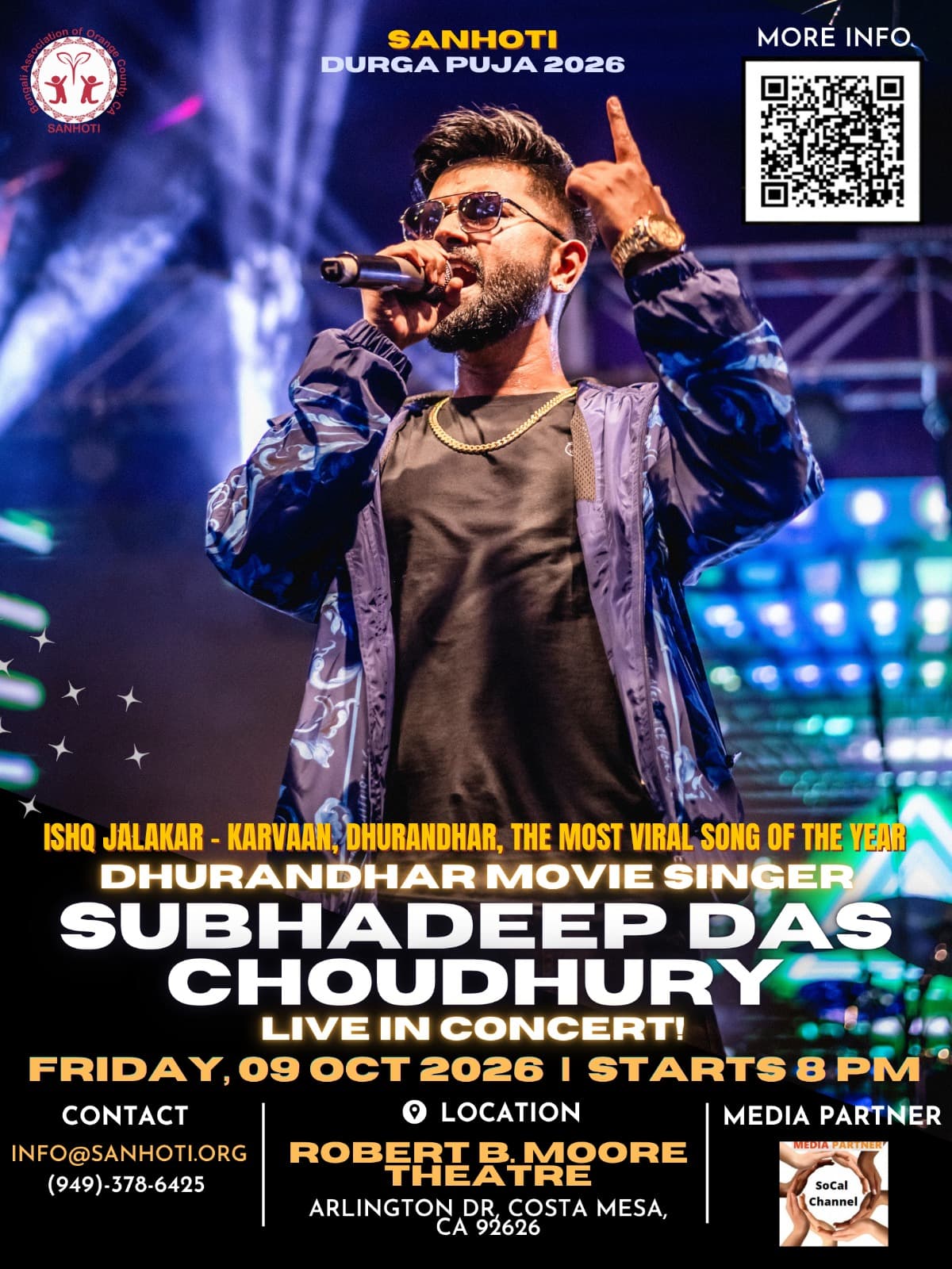 Singer Subhadeep Das Chowdhury performing live at Sanhoti Durga Puja 2026, Robert B. Moore Theater, Costa Mesa, Orange County, California