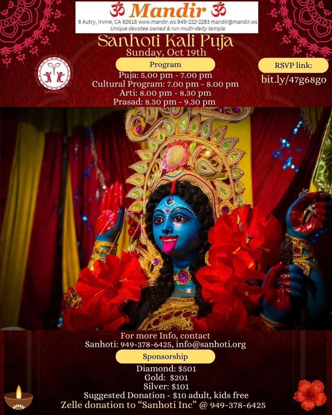 Sanhoti Kali Puja 2025 evening worship at the Hindu temple on Autry, Irvine, Orange County, California