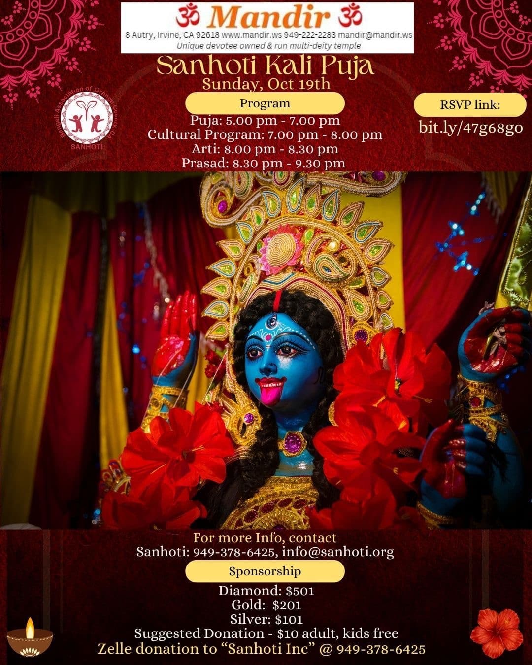Sanhoti Kali Puja 2025 evening worship at the Hindu temple on Autry, Irvine, Orange County, California
