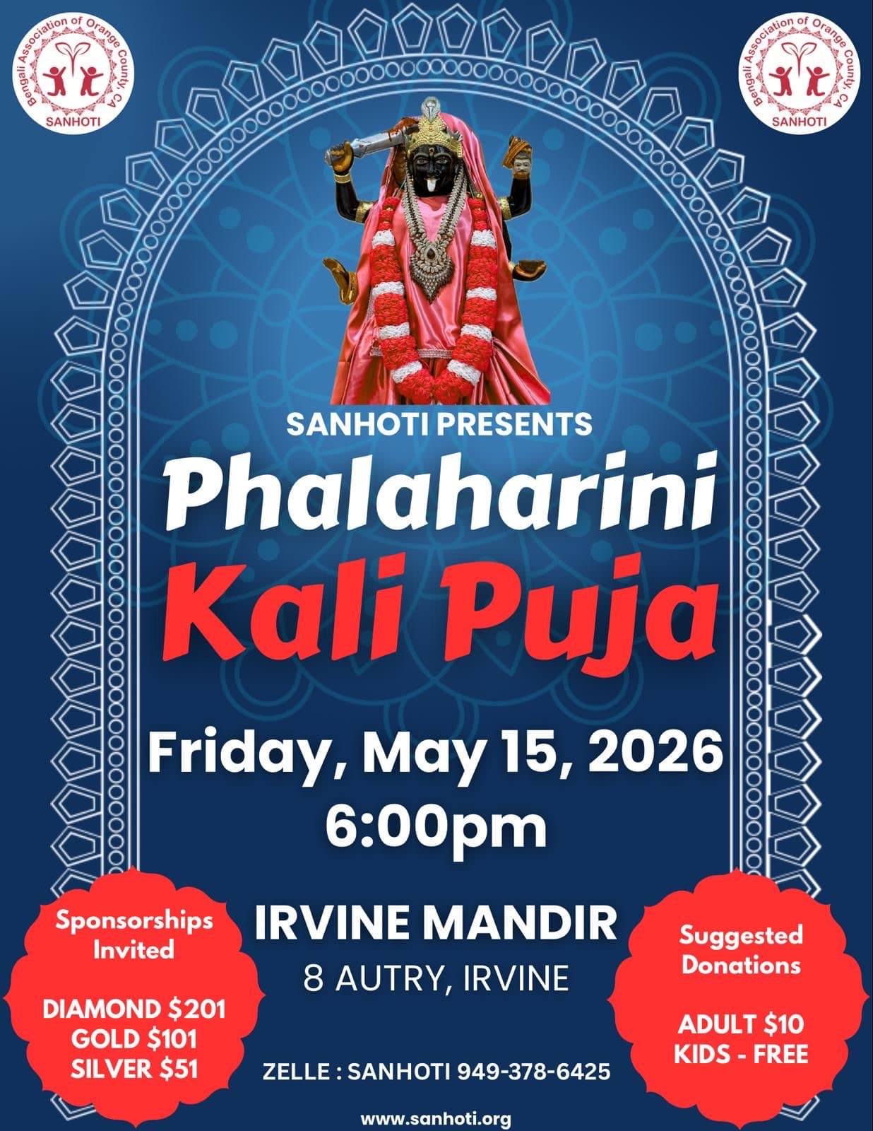 Sanhoti Phalaharini Kali Pujo 2026 evening worship of Maa Kali at the Irvine Mandir, Irvine, Orange County, California