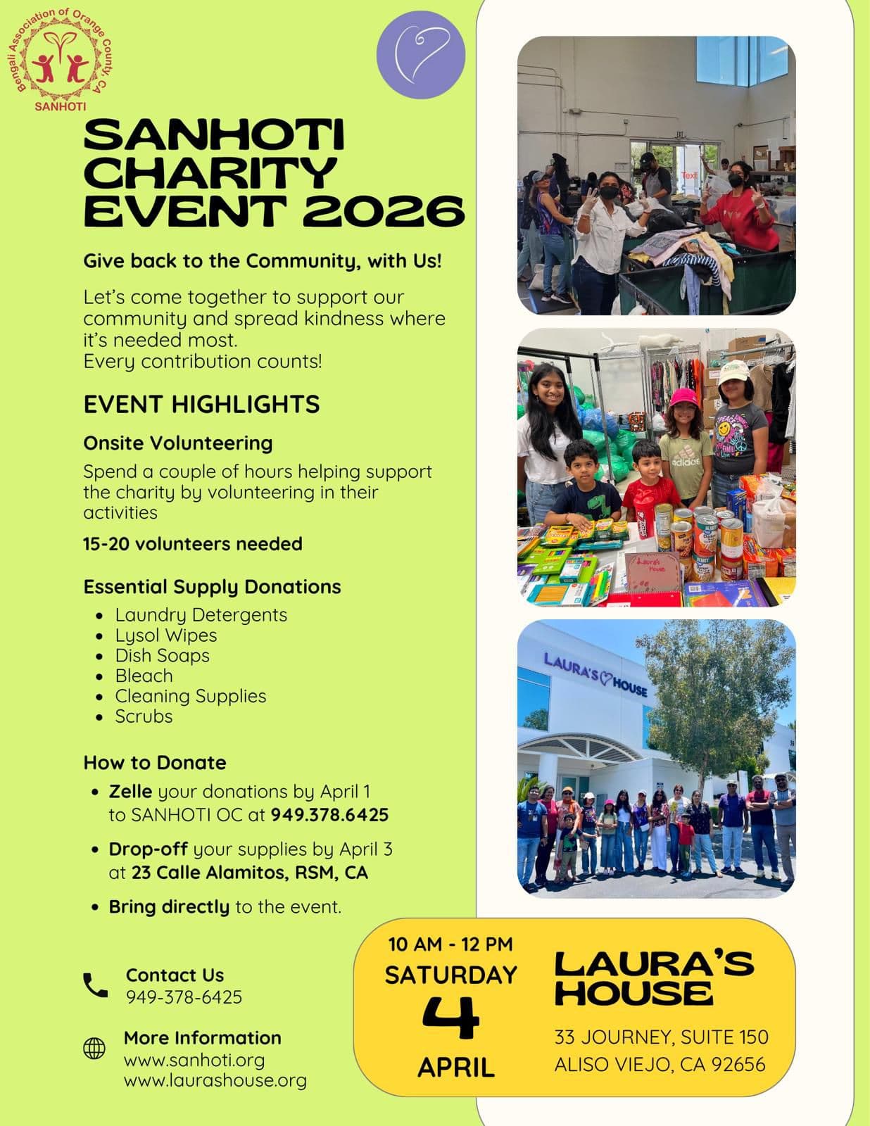 Sanhoti Bengali Association volunteers at the Laura's House charity event in Aliso Viejo, Orange County, California, April 2026