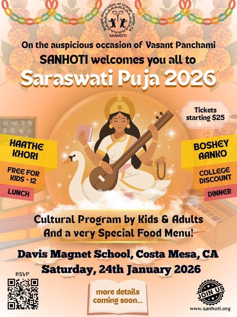 Sanhoti Saraswati Puja 2026 pushpanjali and haathe khori ceremony at Davis Magnet School, Costa Mesa, Orange County, California